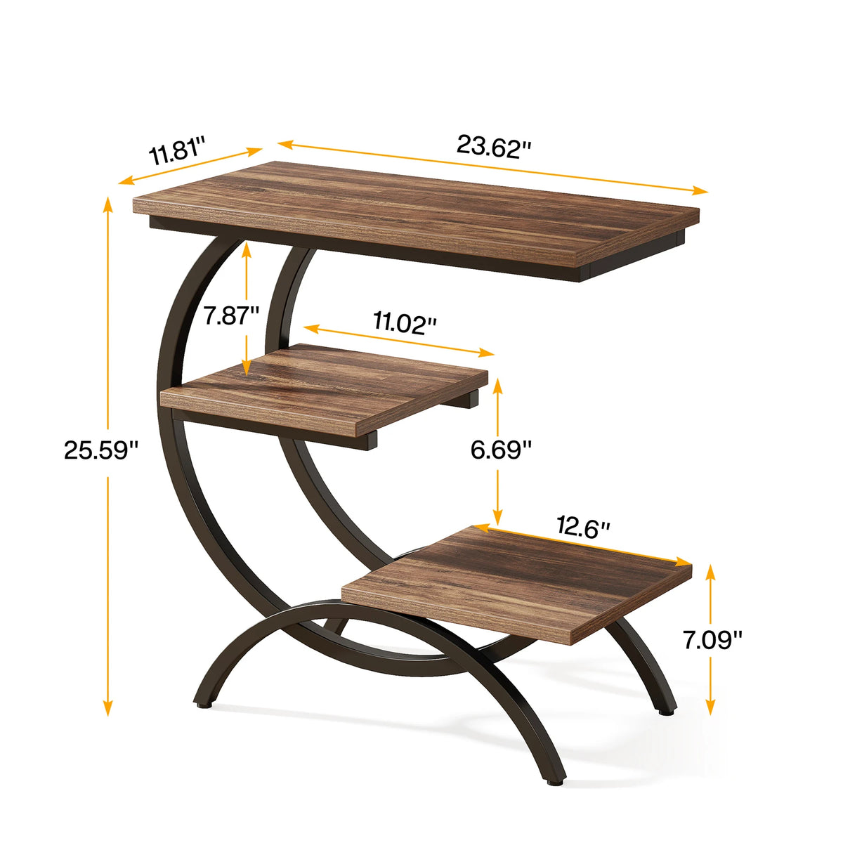 Tribesigns C-Shaped End Table, Industrial 3-Tier Small Table for Couch, Wood Bedside Table Snack Table with Storage Shelves