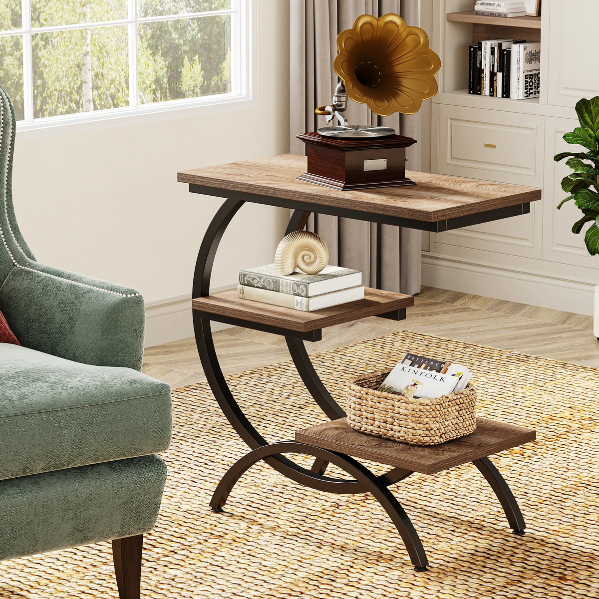 Tribesigns C-Shaped End Table, Industrial 3-Tier Small Table for Couch, Wood Bedside Table Snack Table with Storage Shelves