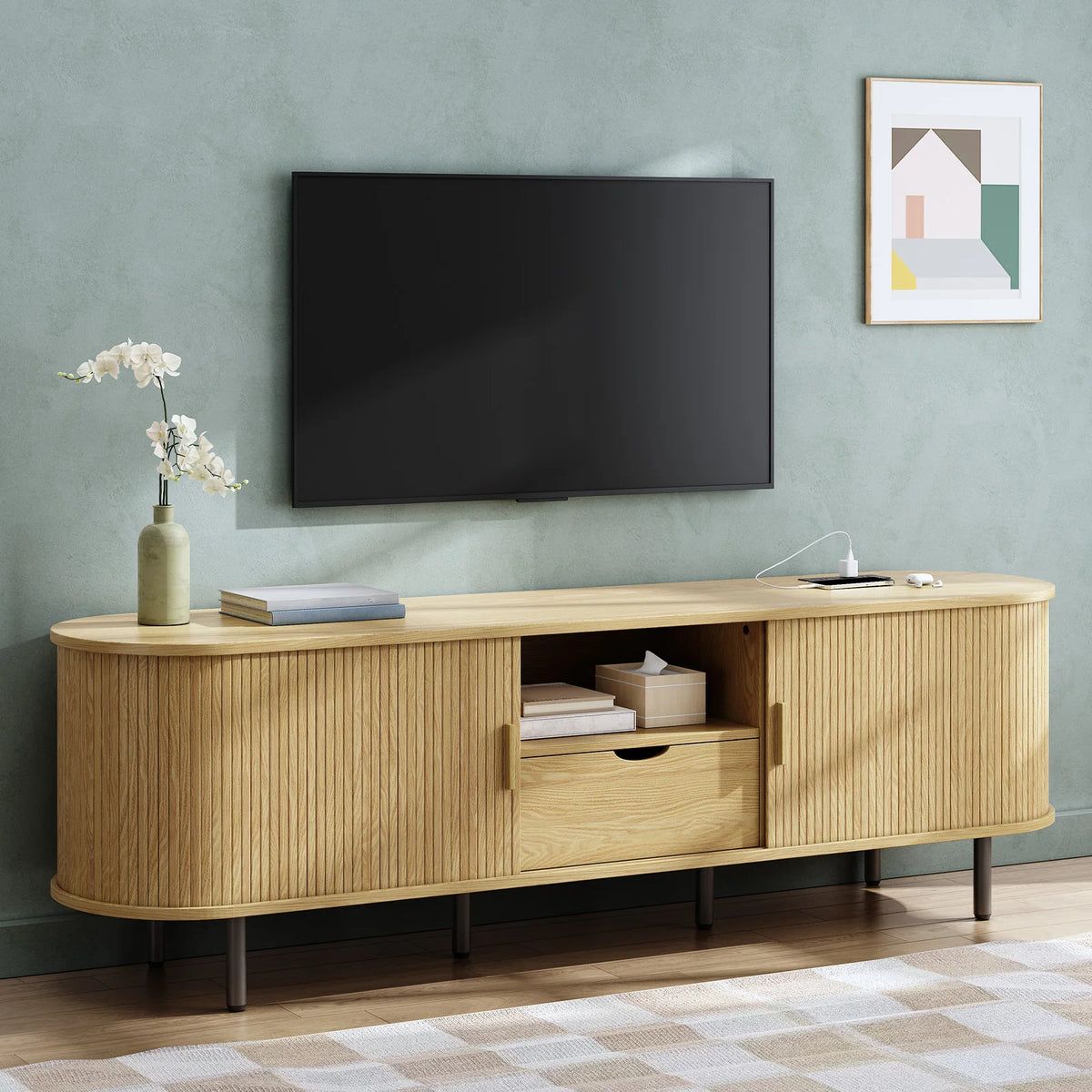 69" TV Stand w/ Power Outlet for TVs up to 80",Entertainment Center w/ Storage & Drawer,TV Console w/ Adjustable Shelves