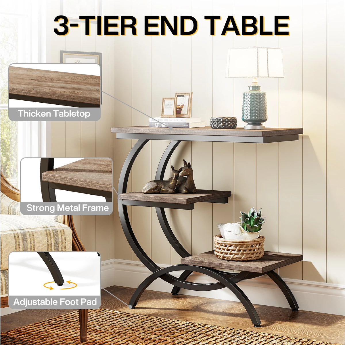 Tribesigns C-Shaped End Table, Industrial 3-Tier Small Table for Couch, Wood Bedside Table Snack Table with Storage Shelves