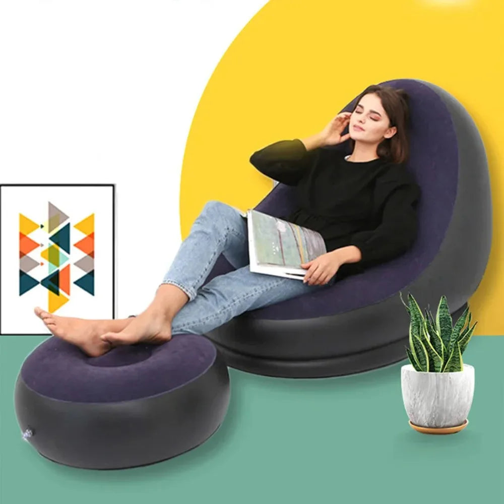 Lazy Inflatable Lounge Chair for Adults Folding Portable Lazy Sofa with Foot Stool Air Couch Sofa for Livingroom and Bedroom